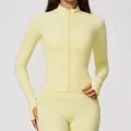 Pale yellow slim fit zip-up sports jacket featuring thumb holes for yoga and gym workouts - Ivory Yellow [NEW - New Color] / S
