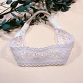 Delicate white lace baby headband with embroidered flower patterns for newborn infants - Wavy Hollow Floral Embroidery Style (MB3424)