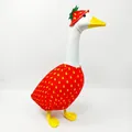 Detailed view of a cute strawberry-themed holiday outfit for a 23-inch porch goose figurine. - Strawberry Style