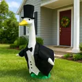 Detail of a 23-inch large white porch goose wearing a formal tuxedo outfit and top hat - Suit Style