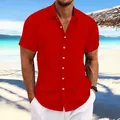 Close-up of men's red cotton linen short sleeve shirt with vertical jacquard texture - M / Tops / Red