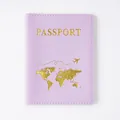 Lavender PVC passport protector cover featuring golden world map and passport text - Passport Cover Purple
