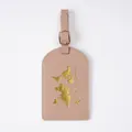 Elegant dusty pink luggage tag with gold embroidered world map design and buckle strap - Luggage Tag Pink