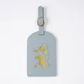 Light blue synthetic leather luggage tag with gold foil world map pattern and strap. - Luggage Tag Light Blue