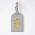 Premium gray PU leather luggage tag with gold foil world map and airplane design - Grey Luggage Tags