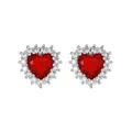 Close-up of red heart-shaped gemstone stud earrings with micro-paved zircon halo - Red