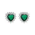 Detailed macro view of emerald green heart-shaped stud earrings with cubic zirconia halo - Green Heart Stud Earrings / Green