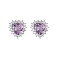 Detail view of heart-shaped purple zircon stud earrings with micro-pave clear stones - Purple Heart Stud Earrings / Purple