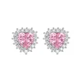 Close-up of pink heart-shaped cubic zirconia stud earrings with halo setting. - Pink Heart Studs / Pink