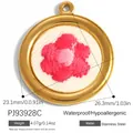 Round gold stainless steel pendant with pink embroidered flower and product dimensions - Round Pink Five-Petal Flower Embroidery Style (PJ93928C)