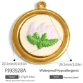Round stainless steel pendant featuring embroidered floral pattern on fabric inlay - Round Pink Flower Embroidery Style (PJ93928A)
