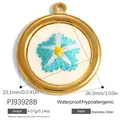 Blue embroidered flower pendant charm in gold-plated stainless steel metal frame - Round Blue Floral Embroidery Style (PJ93928B)