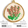 Pendentif en acier inoxydable ovale avec motif floral rose brodé très détaillé - Style de Broderie Florale Rose Verte Ovale Irrégulier (PJ93972)
