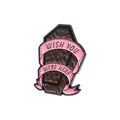 Gothic style black coffin enamel pin with pink ribbon reading Wish You Were Here slogan - Ribbon Coffin Style (xz056-3)