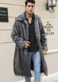 Detail showing the thick texture of men's long grey faux fur coat with square collar - White Grey Long Fur
