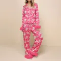 Conjunto de pijama rosa con estampado floral y botas de cowboy y ribete de plumas - S / Top Y Pantalón / Rosa rojo
