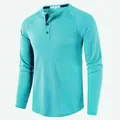 Premium men's long sleeve waffle knit Henley shirt in a vibrant light cyan color - Aqua