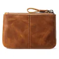 Premium vintage brown oil-wax leather coin purse with top zipper and double stitching - Brown