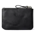 Minimalist small black waxed leather coin purse with a secure zipper and leather loop puller - Black