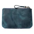 Portable mini oil-waxed leather coin purse and card holder in vintage teal blue finish - Blue