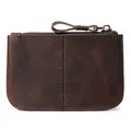 Vintage dark brown oil wax leather coin purse with durable zipper and leather puller - Coffee
