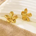 Macro view of vintage gold plated flower stainless steel stud earrings with textured center - Retro Embossed Five-Petal Flower Style (028)