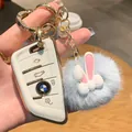 Dettaglio cover chiave auto bianca con portachiavi a forma di coniglio in peluche - Coniglio Blu