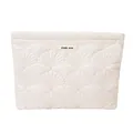 Cream white shell quilted cosmetic bag for travel storage featuring simple wish logo - Flat Zipper Style / Off White