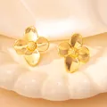 Vintage gold-finished stainless steel flower stud earrings with a textured center design - Retro Textured Four-Petal Flower Style (037)