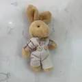 Small plush rabbit keychain wearing vintage linen overalls and plaid shirt for bag decor - Pink Plaid Linen Rabbit Male Style / Approx. 11cm