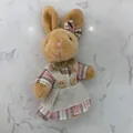 Plush rabbit pendant wearing a linen dress with plaid bow and wooden buttons - Pink Plaid Linen Rabbit Female Style / Approx. 11cm