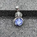 Collana con ciondolo a forma di gufo in argento vintage con pietra naturale blu tonda - Ciondolo Solo (Senza Catena) (0501) / Pietra a Macchie Blu