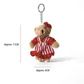 Cute plush teddy bear keychain in red striped dress shown with 11cm height dimension - Red And White Stripe Female Bear Style / Approx. 11cm