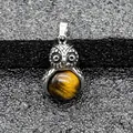 Ciondolo a forma di gufo in argento vintage con sfera in pietra occhio di tigre naturale - Ciondolo Solo (Senza Catena) (0501) / Occhio di Tigre
