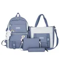 Stylish blue and white 4-piece school bag set with backpack, tote bag, and pencil case - Backpack+Tote+Crossbody+Pencil Case+Ornament / Blue
