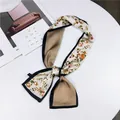 Elegant floral skinny scarf with black border for stylish neck or bag handle decoration - 11 Solid Color Bouquet Beige / 98CM