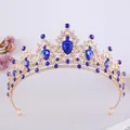 Elegante tiara da sposa in oro con dettagliati abbellimenti in strass blu e trasparenti - Stile Oro KC Diamante Bianco Blu Reale
