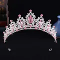 Elegante tiara da sposa con strass rosa a goccia e base in lega d'argento - Stile Argento Spesso Diamante Bianco Rosa