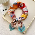 Artistic 70cm square silk scarf with vibrant traditional prints in pink and orange - Auspicious Cloud Deer Teal Edge (17) / 70cm Length / Cyan