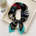 70cm square silk scarf with traditional ethnic mural print, black with turquoise hem - Soaring High Black (18) / 70cm Length / Black