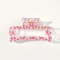 Transparent rectangular hair claw clip with pink bows and red hearts print detail view - Style B Transparent / 8.5cm Size