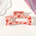 Close-up of pink square hair claw clip with red bow and heart pattern prints - Type A Pink / 8.5cm Size