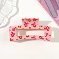 Detailed macro view of pink rectangular hair claw clip with cute cherry and bow pattern. - Type C Pink / 8.5cm Size