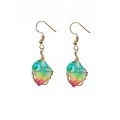 Handmade rainbow raw stone wire wrapped healing crystal earrings with gold hooks - One Pair / Colorful Stone