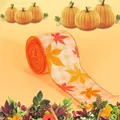 Decorative autumn harvest maple leaf plaid linen ribbon for Thanksgiving gift wrapping - Plaid Maple Leaf Style / 4.5 Meters