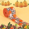 Autumn harvest pumpkin print linen ribbon for Thanksgiving holiday gift wrapping decoration - Black White Plaid Stars White Pumpkin Style / 4.5 Meters