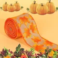 Roll of natural burlap ribbon with orange maple leaf patterns for autumn harvest decor - Gray Background Maple Leaf Style / 4.5 Meters
