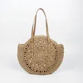 Elegant minimalist bohemian round straw woven shoulder bag for summer beach holidays - Hollow Pattern / Khaki (Hollow Pattern)