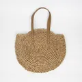 Handcrafted bohemian round straw tote bag for summer beach vacation with tan straps - Khaki