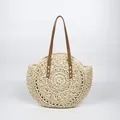 Elegant handmade round straw woven tote bag with brown faux leather shoulder straps - Hollow Pattern / Off-White (Hollow Pattern)